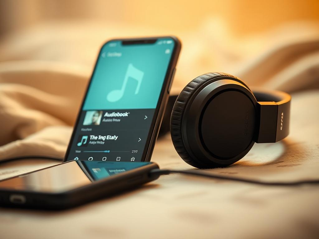 A high-resolution close-up shot of a pair of headphones resting next to a smartphone displaying the audiobook interface. Soft light highlights the details of the headphones, creating a warm and inviting atmosphere, with a blurred, cozy background.
