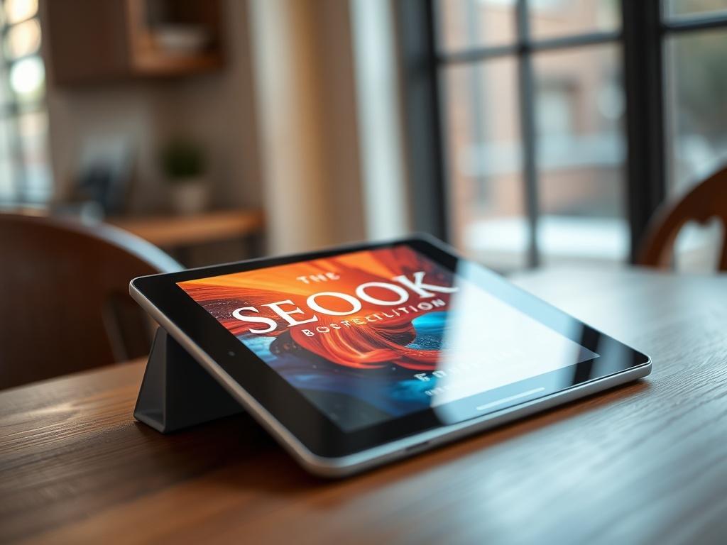 A close-up shot of the eBook cover displayed on a digital tablet. The tablet is placed on a stylish wooden table with soft, natural lighting illuminating the scene, highlighting the vibrant colors of the eBook cover against a subtle, blurred background.