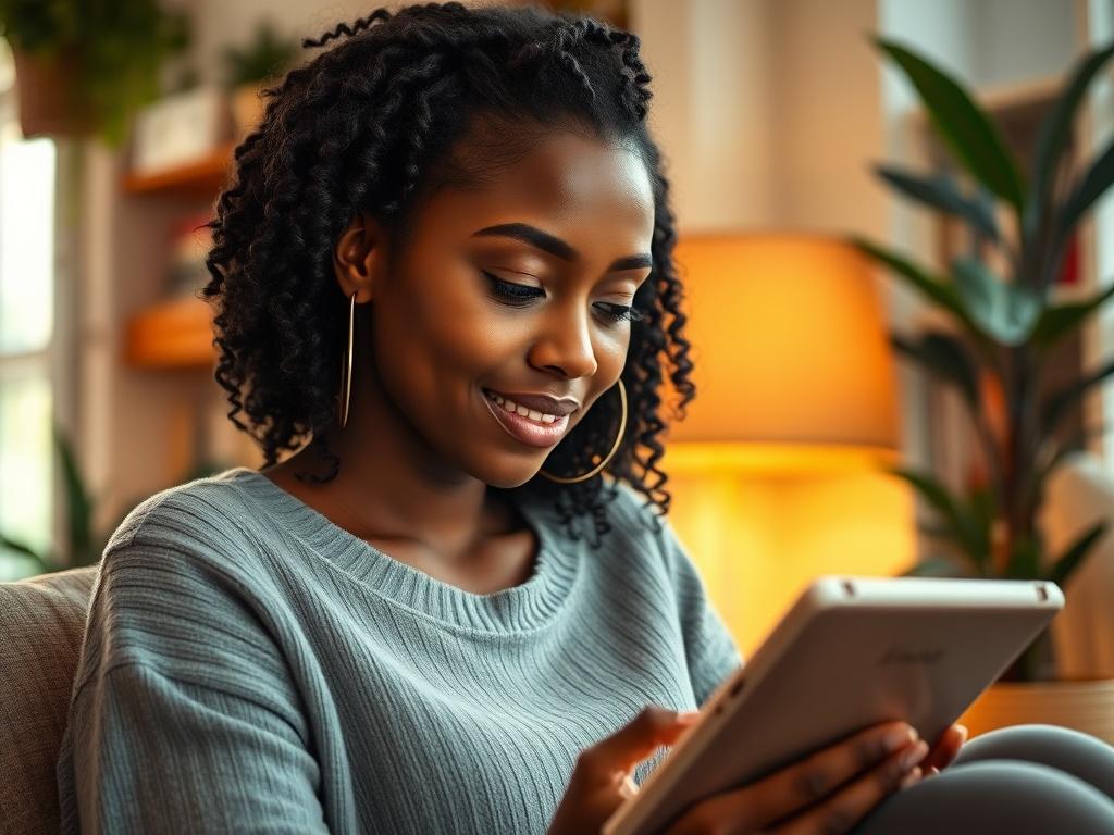 A close-up shot of a young Black woman reading an eBook on a tablet, sitting in a cozy, well-lit room with a warm, inviting atmosphere. The focus is on her facial expression, reflecting curiosity and empowerment. The background should be soft and blurred, with hints of plants and bookshelves to create a homely feel.