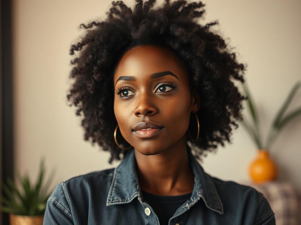 **AI Image Generation Prompt:**

Create a realistic high-resolution photo that embodies the essence of the blog titled “The Hidden Dangers in Wigs, Weaves & Lashes No One Talks About.” In the image, focus on a young Black woman as the central subject. She has naturally textured hair elegantly styled in its natural form, radiating confidence and beauty. Her expression should be contemplative yet empowered, reflecting the journey toward self-acceptance and holistic care. 

The woman should be dressed in a sty