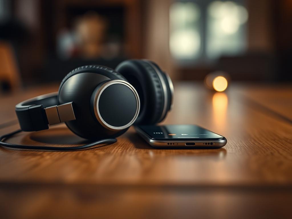 A close-up shot of a pair of headphones resting on a wooden table, with a smartphone displaying a play button for an audiobook. The background should be softly blurred, with warm lighting to evoke a cozy and inviting atmosphere.