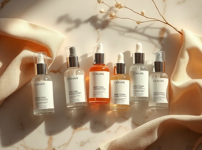 Hydrating facial infusion serums and bottles on marble with warm gold lighting