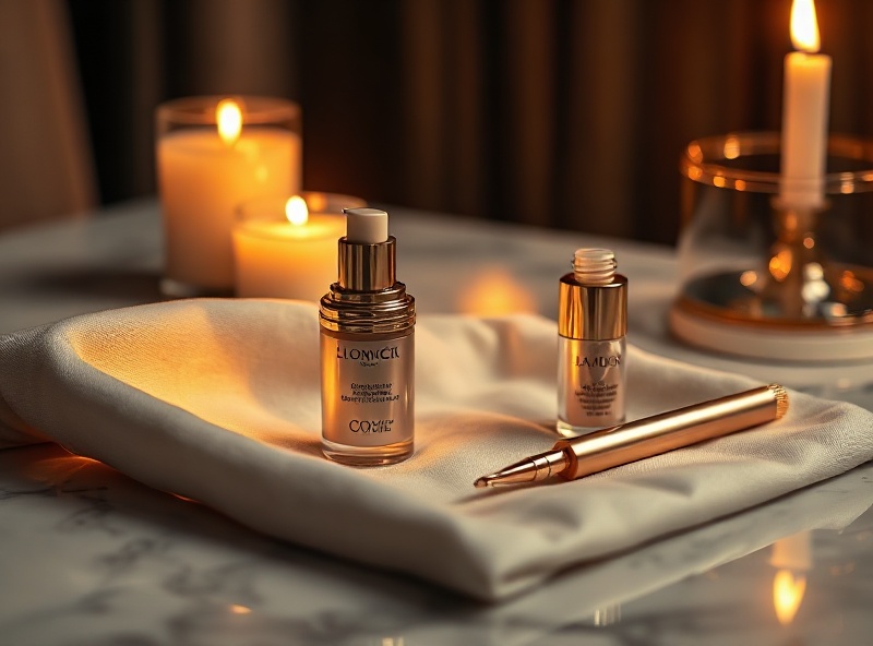 Luxury lip enhancement serums and precision instruments on linen with gold lighting