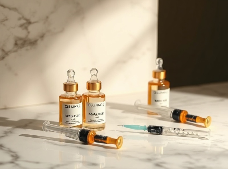 Luxury filler serums and precision syringes on marble with soft gold lighting