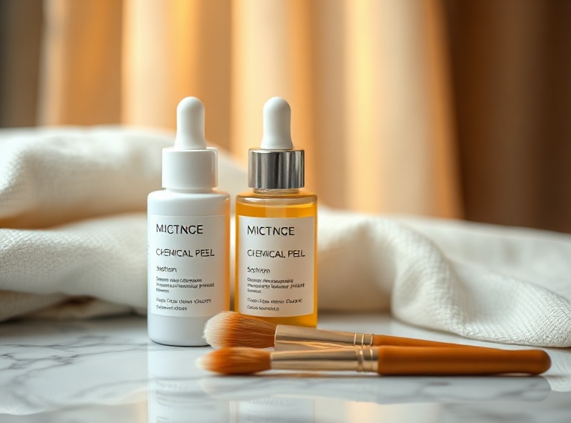 Medical-grade peel solution bottles and brushes on marble with soft gold lighting