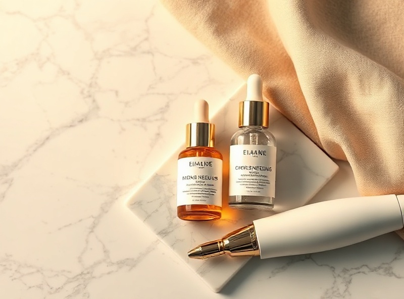 Professional microneedling device and skincare serums on marble with gold lighting