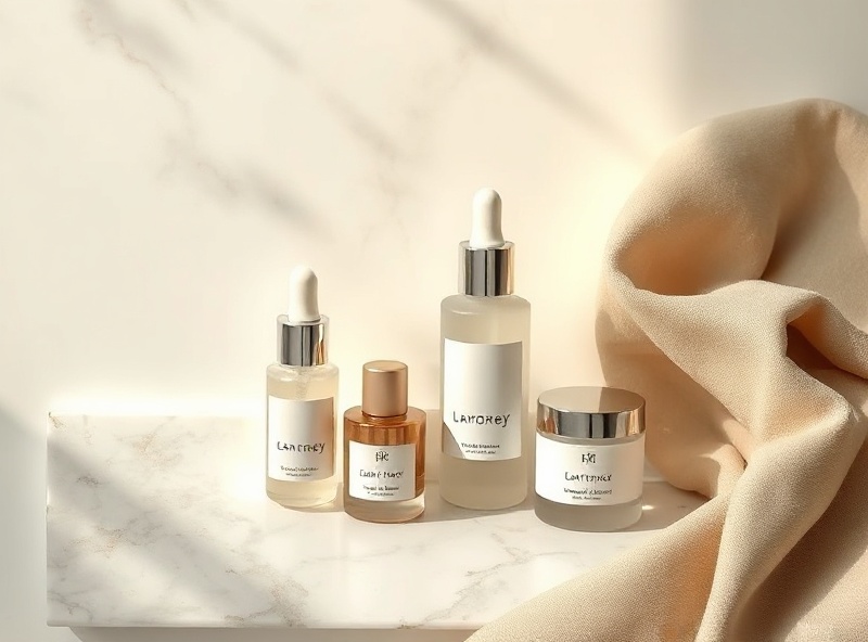 Premium facial treatment serums and products on marble with warm gold lighting