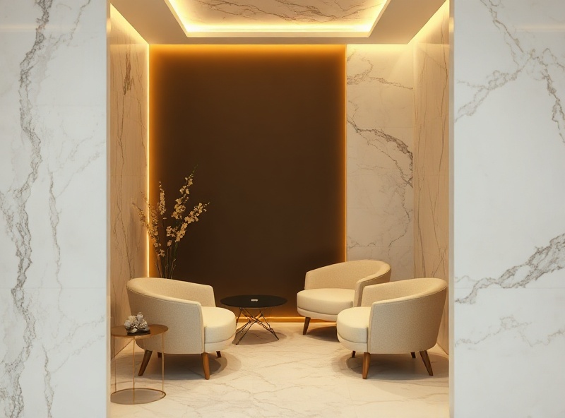 Serene medspa consultation room corner with marble and warm gold lighting
