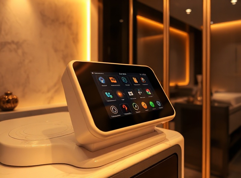Advanced laser therapy control panel detail with marble and soft gold lighting