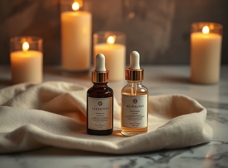 Premium anti-aging serum bottles and glass droppers on marble with warm gold lighting