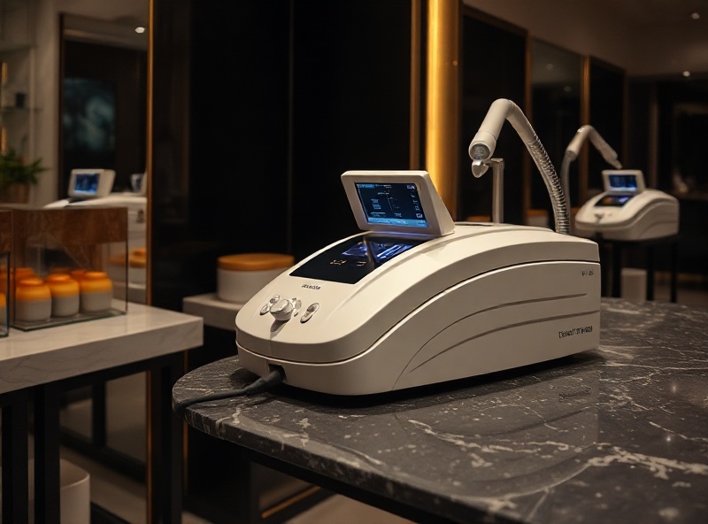 Advanced laser hair reduction equipment detail with soft gold ambient lighting