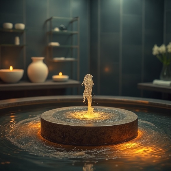 Serene spa water feature with gentle flowing water and warm lighting