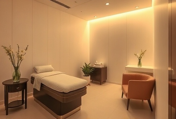 Luxury treatment room corner with minimalist elegant furniture
