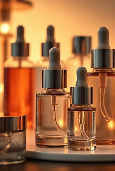 Close-up of premium skincare product bottles and serums