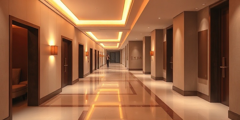 Calm elegant spa hallway with warm professional lighting