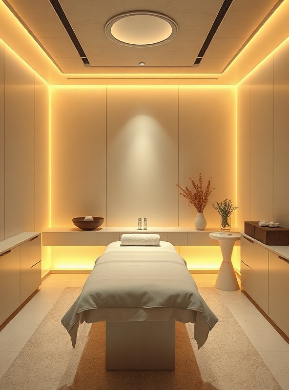 Serene luxury treatment room with soft gold lighting and elegant spa decor