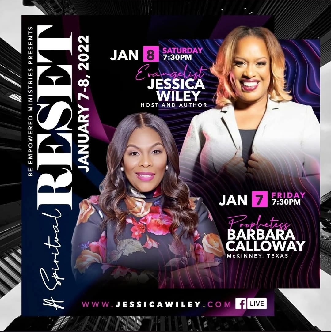 Spiritual Reset program flyer featuring Evangelist Jessica Wiley and Barbara Calloway