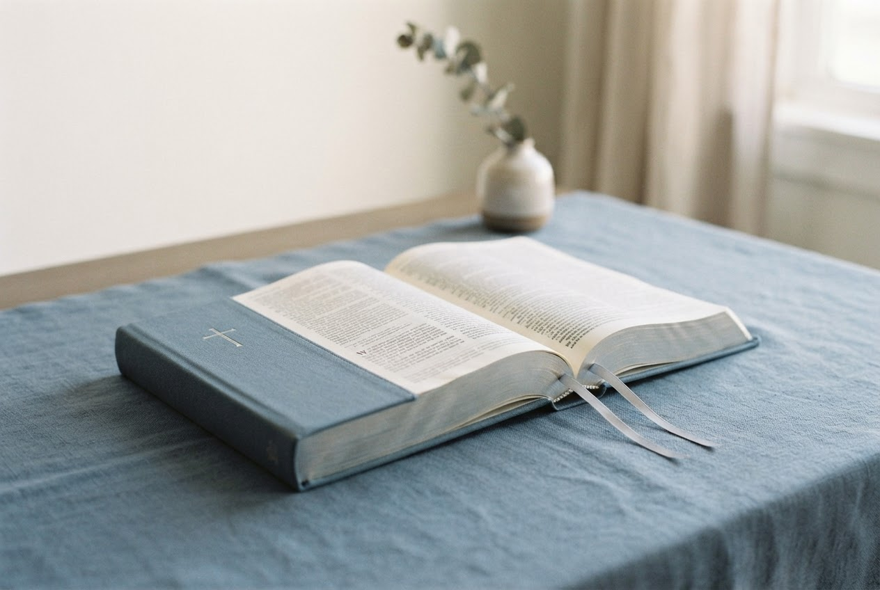 An open Bible with soft morning light falling across its pages