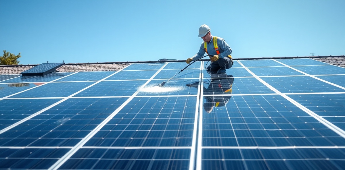 Professional solar panel cleaning in progress