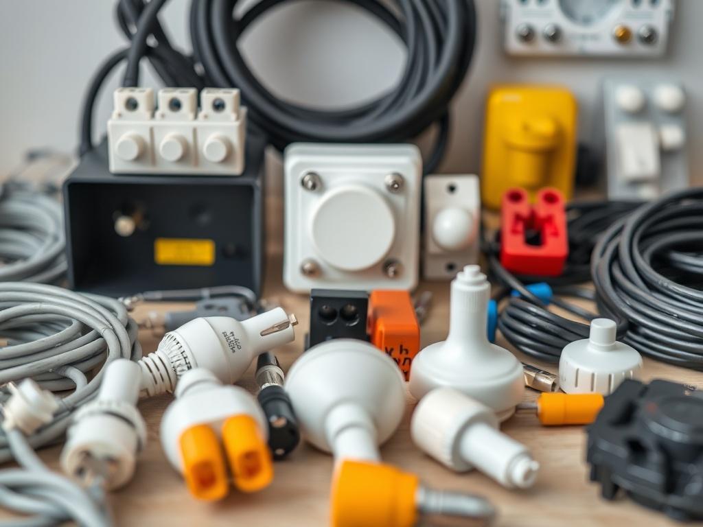 A hyper-realistic close-up of a comprehensive electrical renovation kit, showcasing various components neatly arranged, with a clean background to highlight the items.