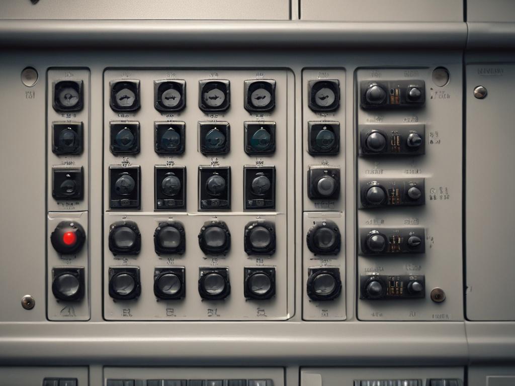 A hyper-realistic close-up shot of a newly installed electrical panel with circuit breakers. The image is captured with a 45mm f/1.2 lens style, emphasizing the clean, organized wiring and black and yellow color scheme compatible with rgb(251, 203, 7). The background is a well-lit technical room.
