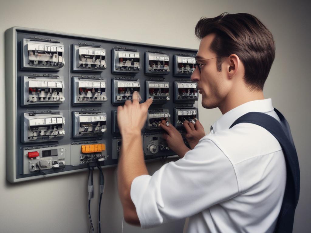 A hyper-realistic close-up photo of an electrician separating ENEDIS electrical meters on a clean wall. The image is shot with a 45mm f/1.2 lens style, focusing on hands adjusting meters with yellow and black color accents matching rgb(251, 203, 7). The background is minimal and professional.