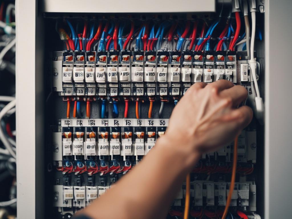 A hyper-realistic close-up shot of an electrician's hands working on modern electrical wiring inside a building. The focus is sharp with a 45mm f/1.2 lens style, highlighting detailed cables and connectors in a construction site background, illuminated with yellow and black tones compatible with rgb(251, 203, 7).