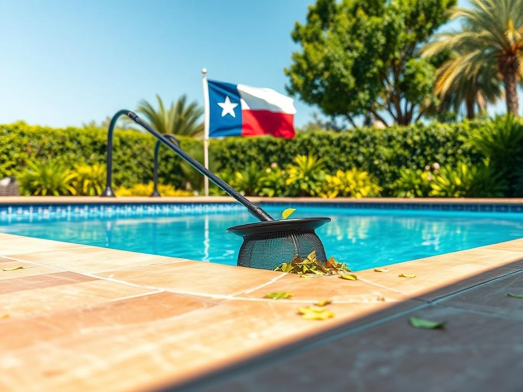 A pristine swimming pool with clear blue water, surrounded by
