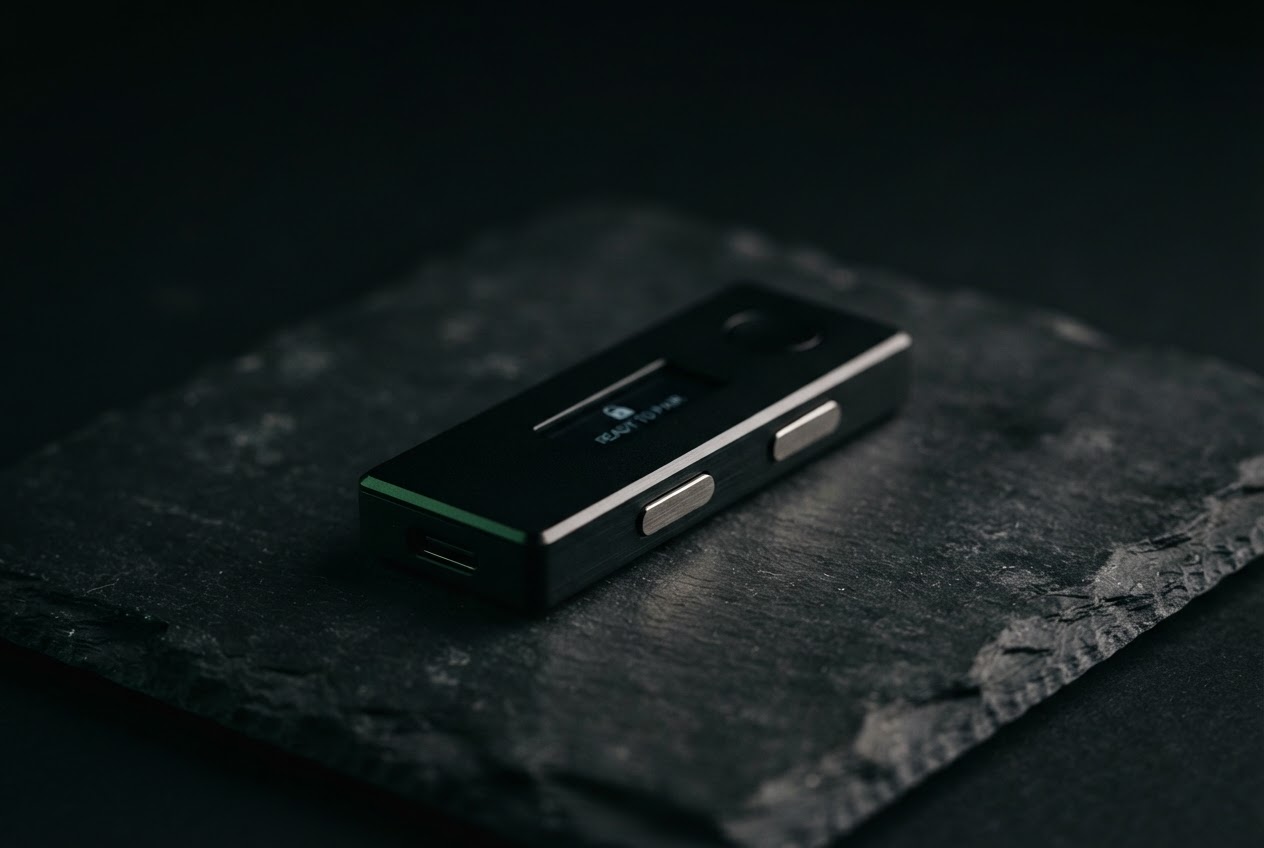 Matte-black hardware wallet on a dark stone surface, photographed in a low-key studio