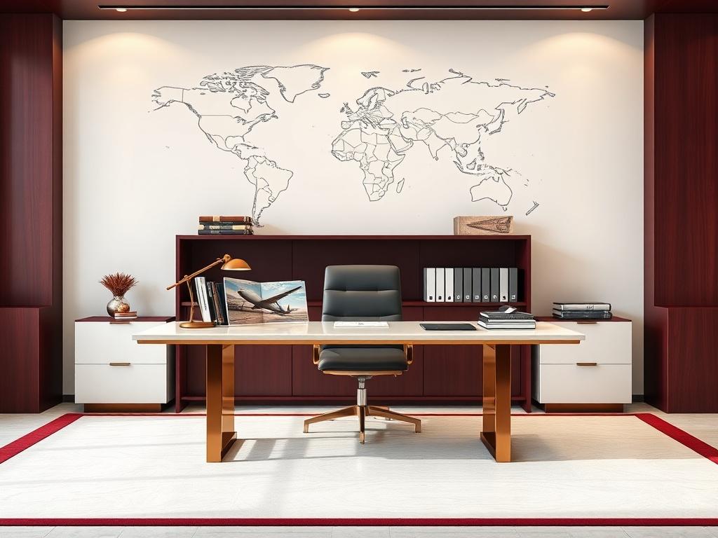 A sleek, modern corporate travel office setting with a luxurious desk, high-end travel brochures, and a world map on the wall. The color palette includes shades of burgundy and gold, emphasizing an elegant and sophisticated atmosphere. The composition should be minimalistic, showcasing the desk and brochures without any people, focusing on the essence of corporate travel planning.