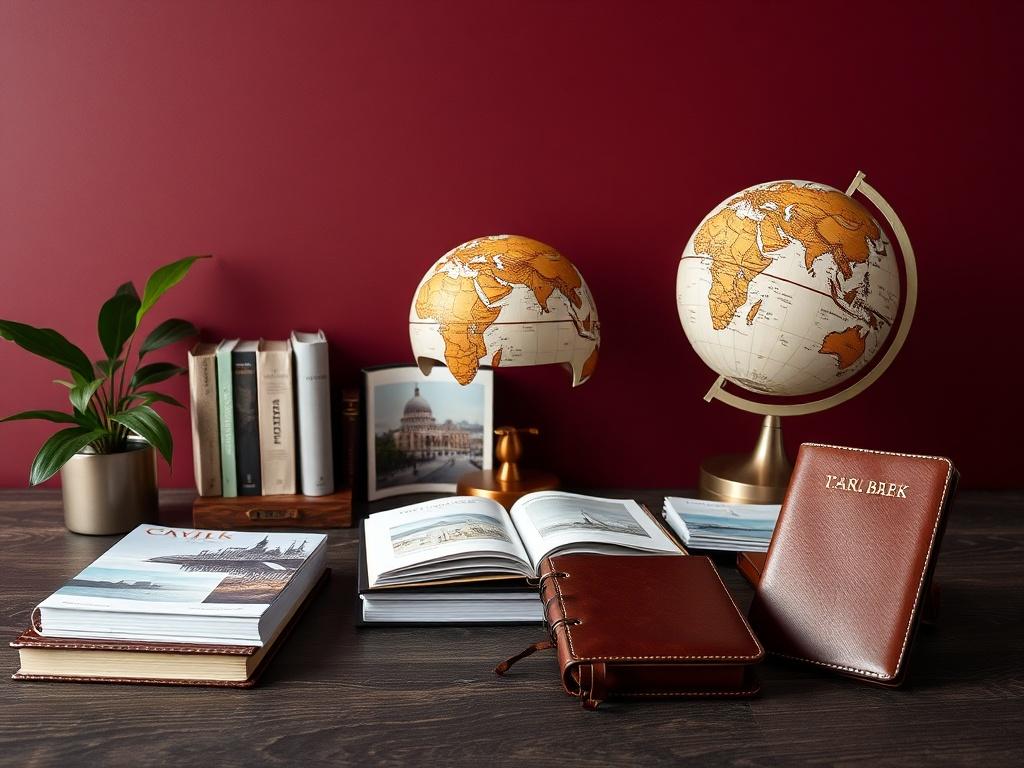 An elegant travel concierge desk adorned with luxury travel brochures, an elegant globe, and a high-quality leather notebook. The setting should reflect sophistication with a background of rich burgundy shades, emphasizing a minimalistic style without any people present.