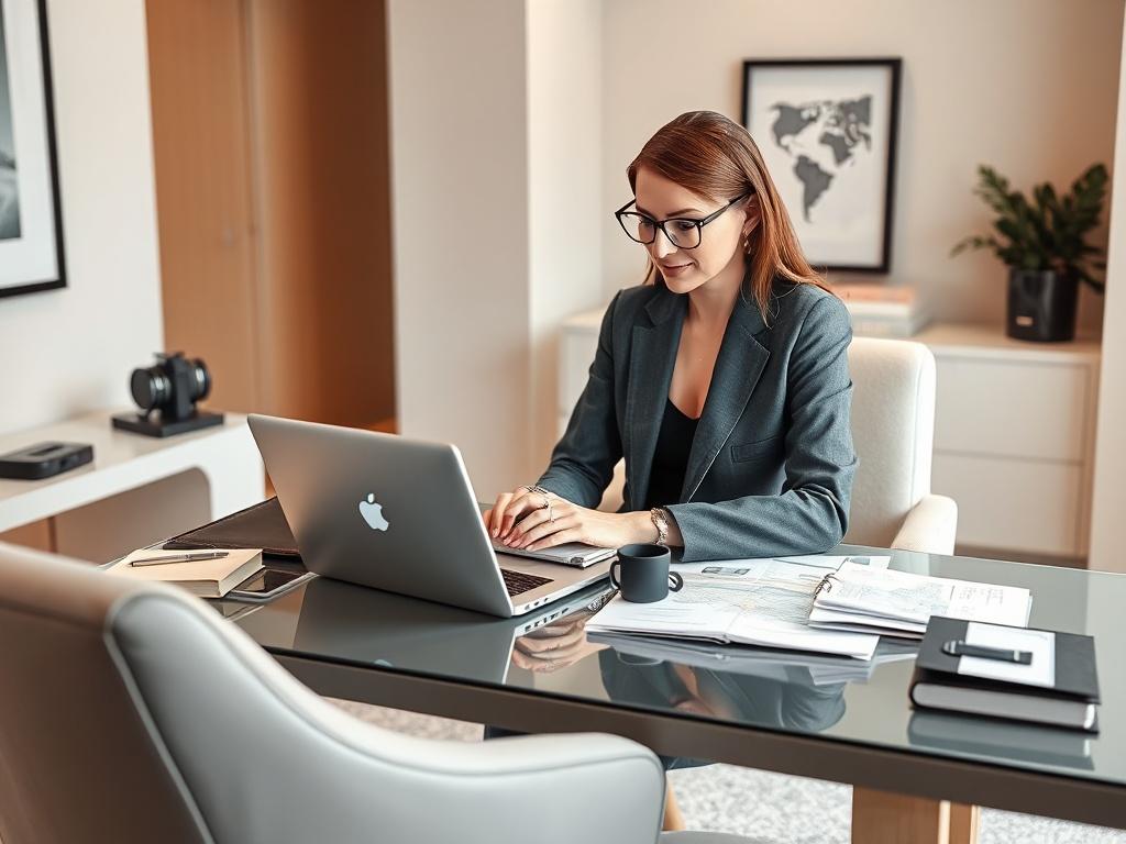 A sophisticated travel planner sitting elegantly at a desk, reviewing personalized travel itineraries with a laptop and high-end travel accessories. The setting is minimalistic and elegant, showcasing a luxurious office environment with travel-related decor. The background features soft colors, emphasizing comfort and sophistication.