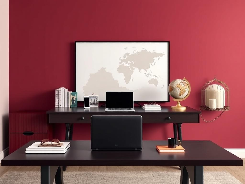 A sophisticated travel agency setting featuring a stylish desk with