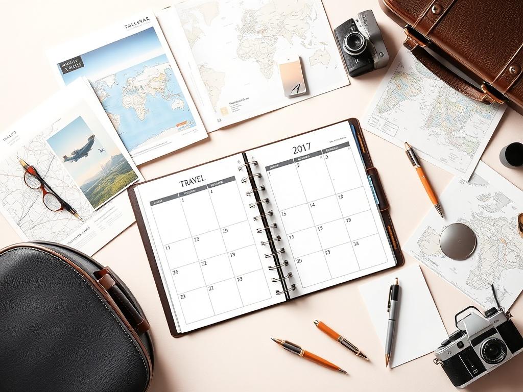 A beautifully arranged travel planner open on a desk, surrounded