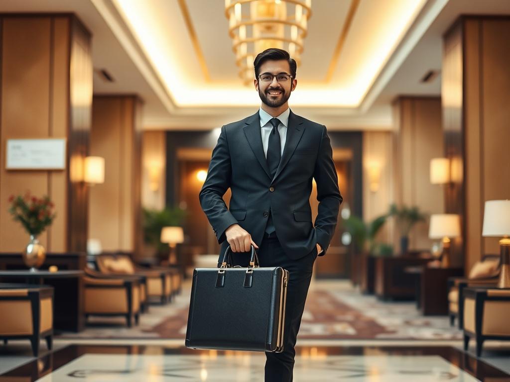 A sophisticated business traveler standing in an upscale hotel lobby,