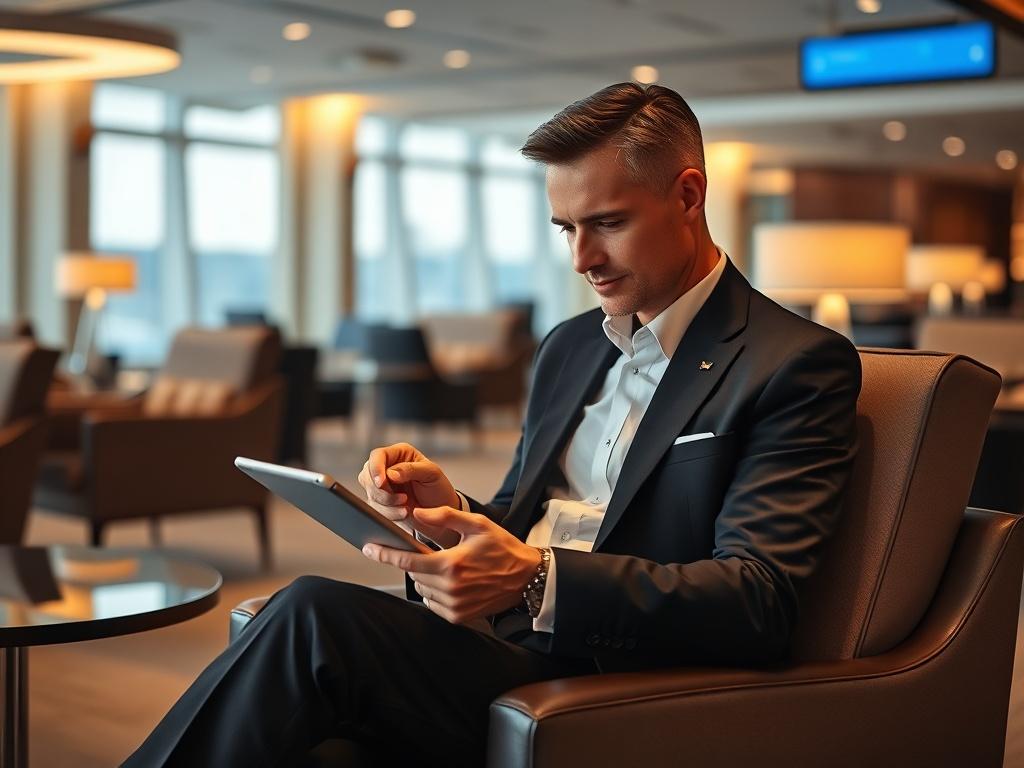 An elegant executive sitting at a luxurious airport lounge, reviewing