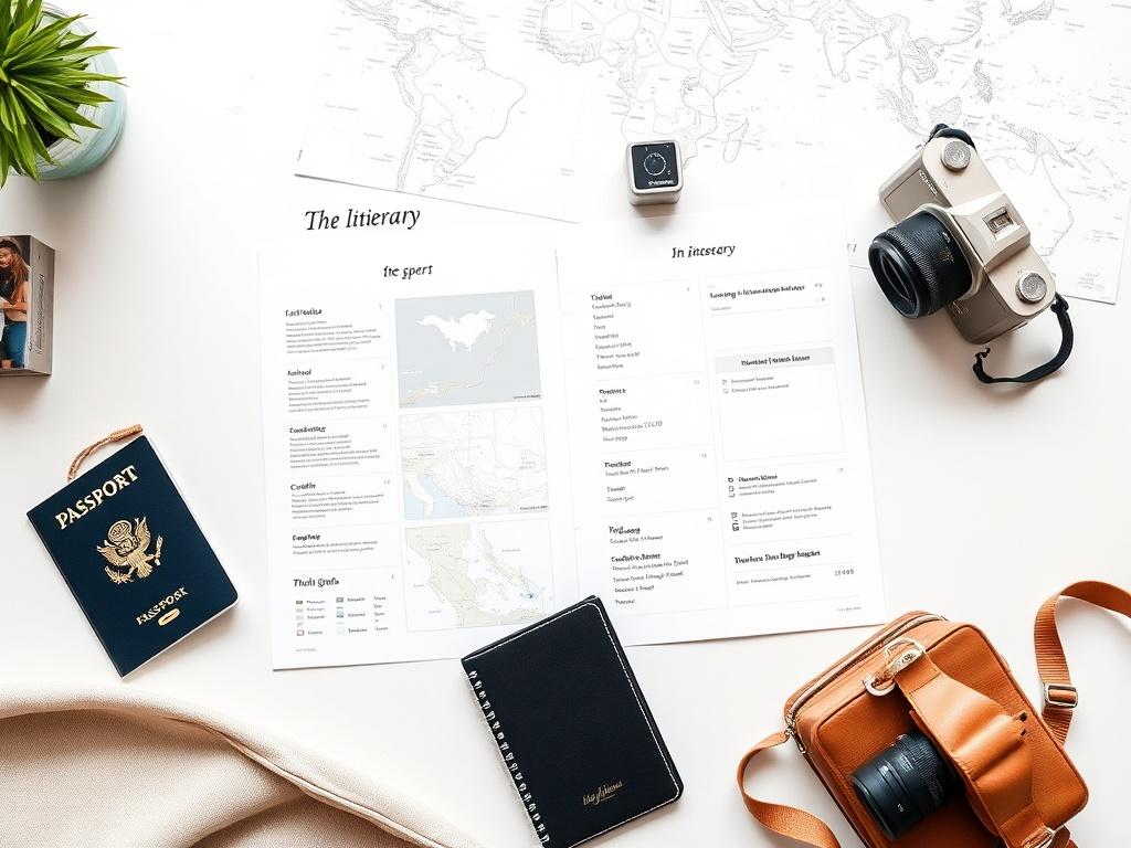 A beautifully designed travel itinerary spread out on a table,