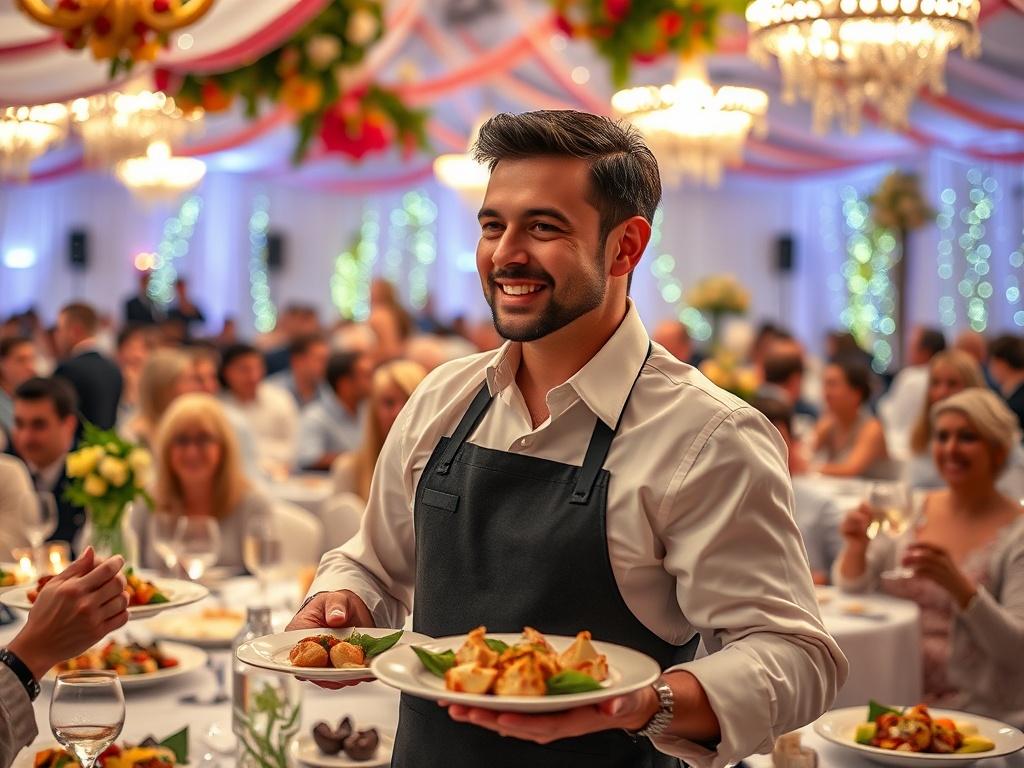 A dynamic scene of an event coordinator in action, overseeing a beautifully decorated venue filled with guests enjoying gourmet dishes. The image should showcase the joy and excitement of the event, with colorful decorations, happy guests, and a sense of celebration, captured in a close-up shot with a 45mm f/1.2 lens.