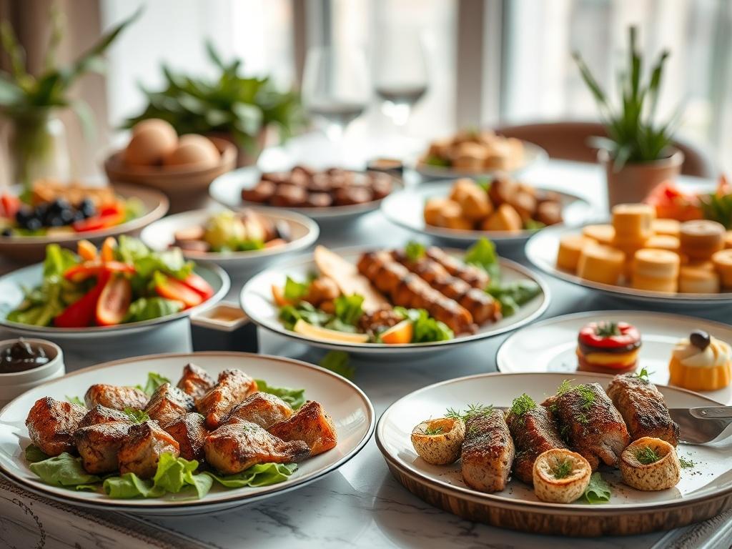 A beautifully arranged gourmet catering spread featuring an elegant table setup with an array of artisan dishes including fresh salads, grilled meats, and exquisite desserts. The background should be softly blurred to emphasize the vibrant colors of the food, captured in a close-up shot with a 45mm f/1.2 lens, showcasing the textures and details of the dishes.