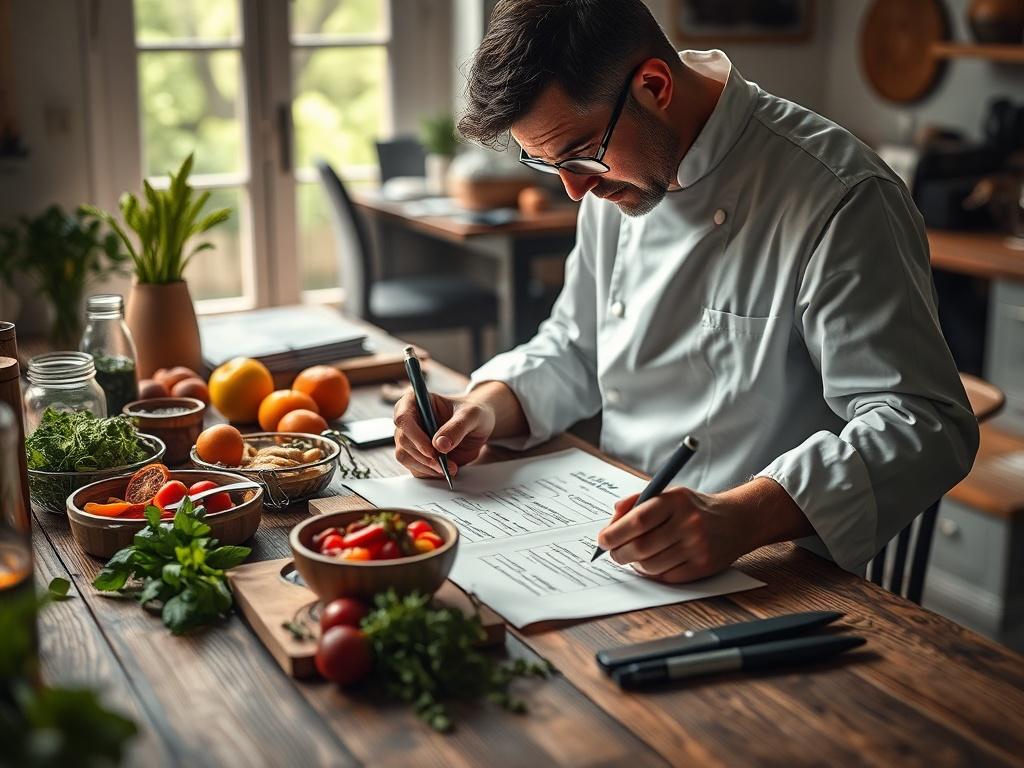 A creative workspace featuring a chef meticulously planning a custom menu, surrounded by fresh ingredients and handwritten notes. The image should capture the chef's concentration and passion for food, with a rustic wooden table and natural light streaming in, creating a warm, inviting atmosphere.