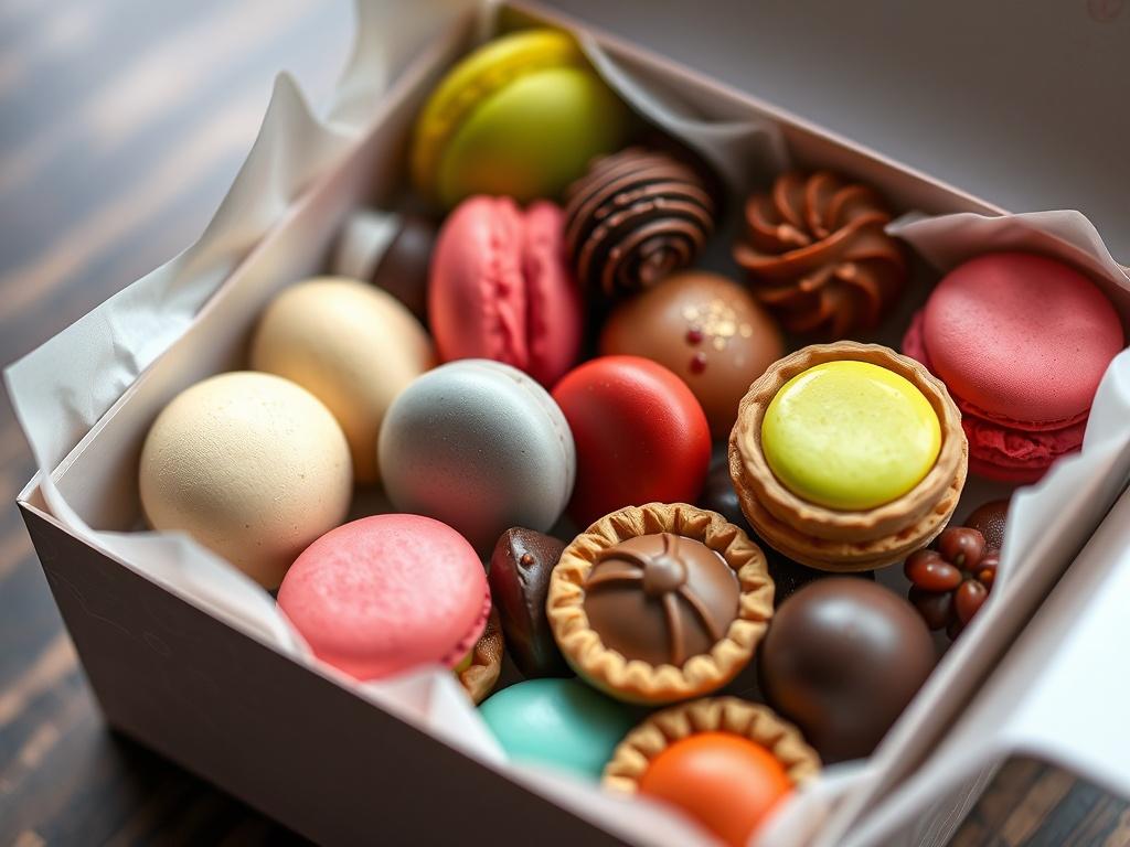 A close-up shot of a gourmet dessert box filled with an assortment of colorful macarons, mini tarts, and chocolate bites. The desserts should be arranged neatly inside a decorative box, with a soft-focus background to emphasize the vibrant colors and textures of the treats.