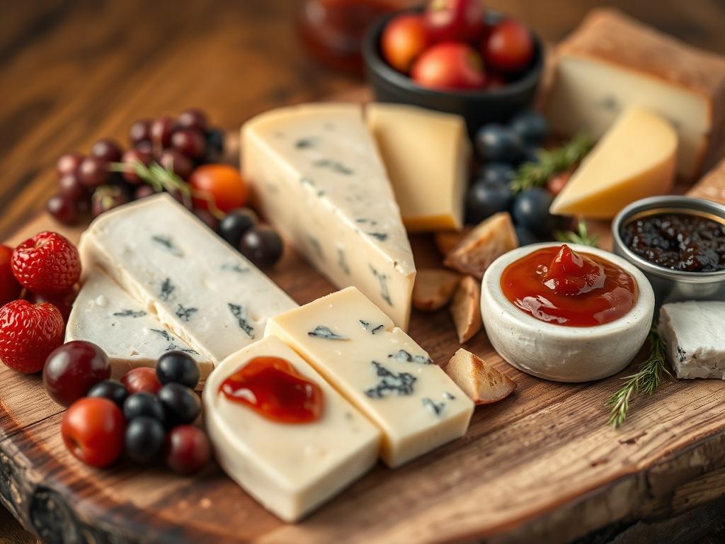 A close-up shot of an artisan cheese platter featuring a variety of cheeses, fruits, and chutneys. The cheeses should include soft, hard, and blue varieties arranged elegantly on a wooden board. The background should be subtly blurred to highlight the vibrant colors and textures of the cheeses and accompaniments.