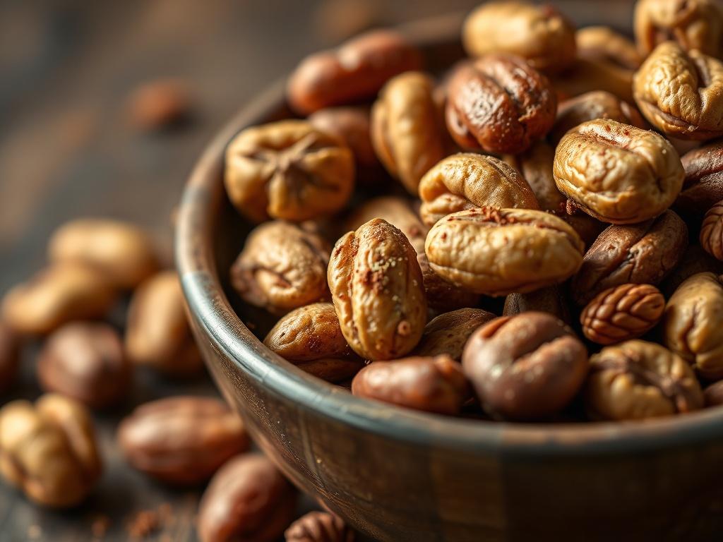 A close-up shot of a bowl filled with a mix of spiced nuts, showcasing the different shapes and textures. The nuts should be coated in a variety of spices, with a few scattered around the bowl. The background should be softly blurred to keep the focus on the vibrant colors and textures of the nuts.