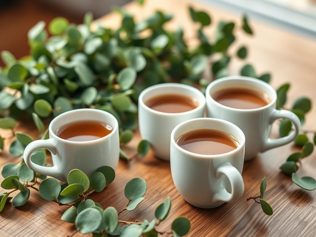 A close-up shot of a morning tea setup featuring white mugs filled with tea and coffee. The mugs are arranged elegantly on a wooden table, surrounded by fresh eucalyptus leaves. The background is softly blurred, highlighting the vibrant green of the eucalyptus and the warm tones of the wooden table. The lighting is natural and inviting, creating a cozy atmosphere perfect for a morning gathering.
