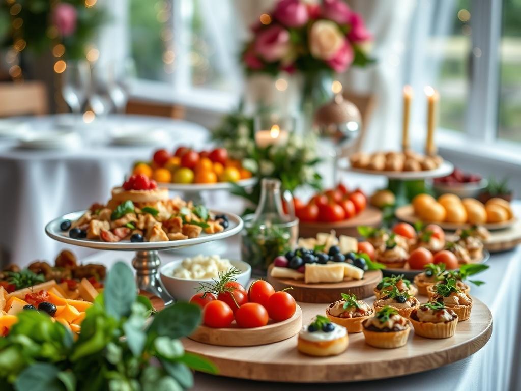 Create a realistic high-resolution image for a blog titled "The Art of Catering Events." The focal point of the image should be an elegantly arranged gourmet catering display featuring a beautifully presented table with an assortment of exquisite dishes. The table should be adorned with vibrant, fresh ingredients showcasing artisan food, such as colorful antipasto platters, gourmet hors d'oeuvres, and intricately decorated desserts. Use natural lighting to evoke warmth and enhance the food's textures and co