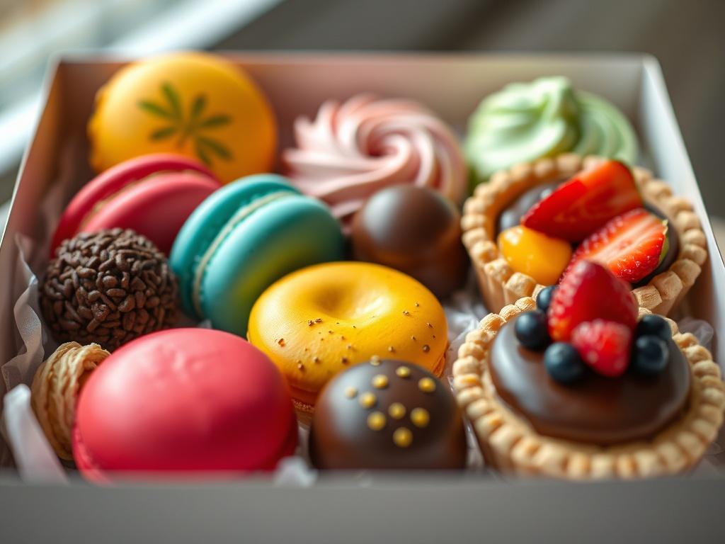 A beautifully arranged gourmet dessert box filled with vibrant macarons, rich chocolate truffles, and colorful fruit tarts. The close-up shot captures the intricate details of each dessert, with a soft focus background, shot with a 45mm f/1.2 lens style.