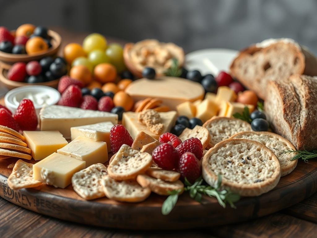 A close-up shot of an artisan cheese platter featuring a variety of cheeses, fresh fruits, gourmet crackers, and artisanal breads. The background is softly blurred to emphasize the vibrant colors and textures of the cheeses and accompaniments, shot with a 45mm f/1.2 lens style.