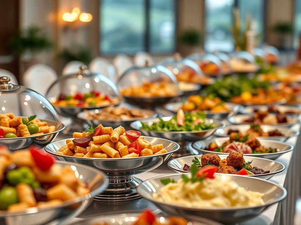 An elegant setup of a catered event featuring a beautifully arranged buffet table with various gourmet dishes. The close-up shot highlights the vibrant colors and intricate presentations of the food, with a soft focus background, shot with a 45mm f/1.2 lens style.
