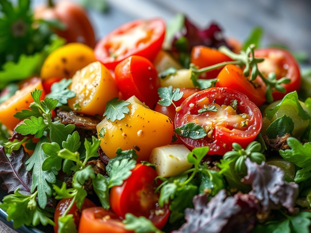 A close-up shot of a vibrant seasonal salad featuring a mix of colorful greens, heirloom tomatoes, and fresh herbs. The composition highlights the variety of textures and colors in the salad, with a light vinaigrette glistening on the surface. The background is softly blurred to keep the focus on the fresh ingredients.