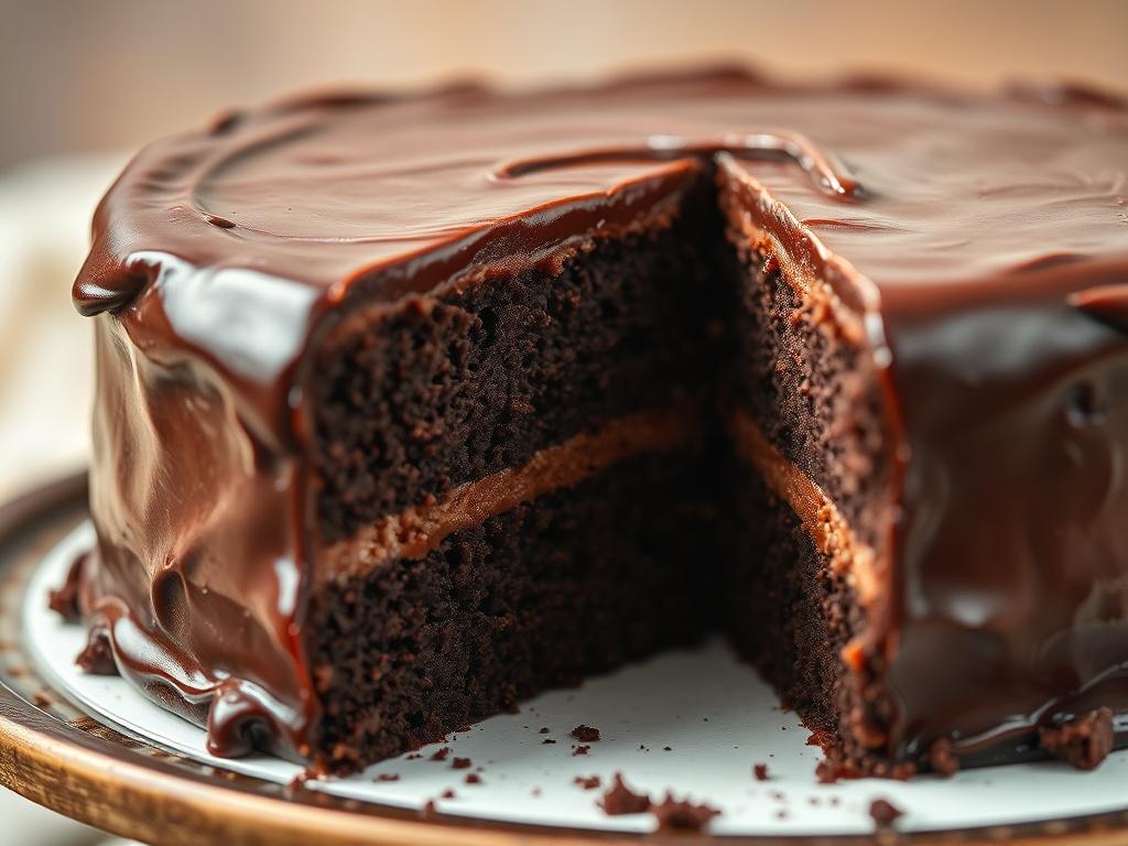 A close-up shot of a decadent chocolate cake, showcasing its rich layers and glossy chocolate ganache. The composition focuses on the cake's texture and details, with a slice partially removed to reveal the moist interior. The background is softly blurred to emphasize the cake as the main subject.